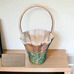 イタリア製陶器 BELLINI PIU バスケット 花器 花入 花柄 オブジェ インテリア