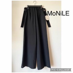 【新品】MoNiLE モニーレ サイド ベルト デザイン ワイドパンツ ウエストゴム ブラック 麻風 リネンライク