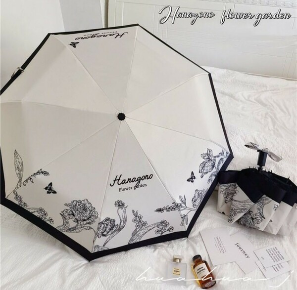 晴雨兼用傘　日傘 折りたたみ傘 花柄　英字　おしゃれなデザイン　ＵVカット　白黒　丈夫　レディース　