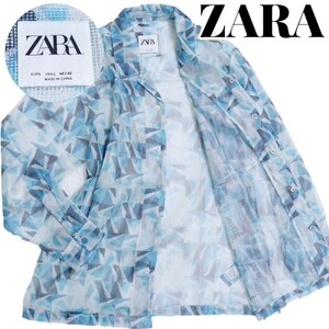 【希少デザイン】ZARA ザラ 総柄 スケスケ メッシュ スケルトン ボタンシャツ 異素材 テーラードジャケット Lサイズ ライトブルー