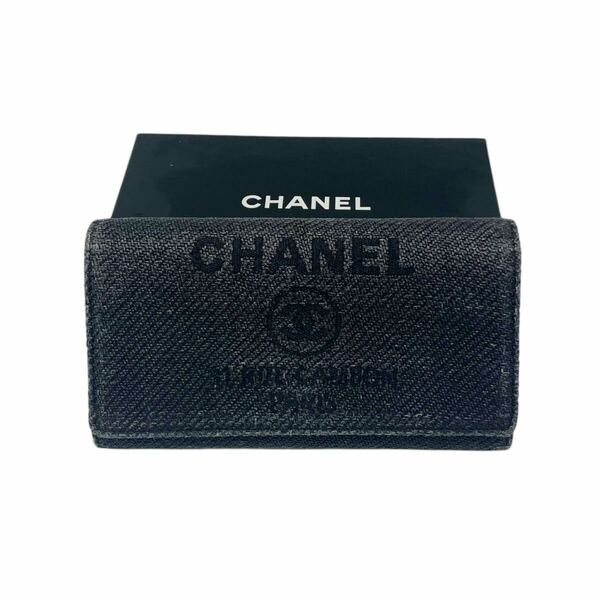 【良品】シャネル CHANEL カンボン ドーヴィルライン ツイード ココマーク フラップウォレット 長財布 ブラック