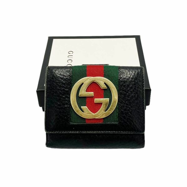 【良品】グッチ GUCCI 131865 インターロッキングG シェリーライン レザー Wホック 二つ折り財布 ブラック