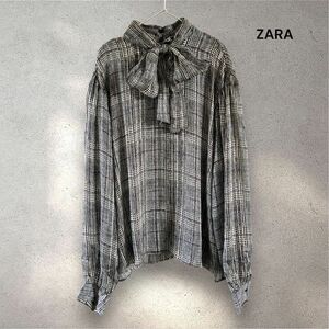 ZARA グレンチェック シアー ボウタイ ブラウス XS タイカラー グレー 長袖 トップス