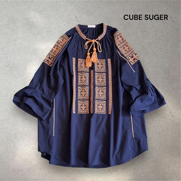 CUBE SUGER 刺繍ブラウス 黒 Mサイズ コットン100% インド製 ゆったり 長袖 ナチュラル