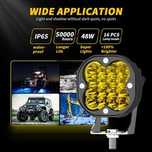 送料無料.. 新発売 3インチ 48W LED 作業灯 ワークライト 3000K イエロー 4800LM ワイヤーハーネスキット ジープ SUV ジムニー ボート 2個_画像2