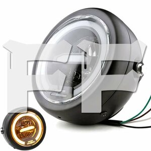 6.5インチ 50W LED ヘッドライト ホワイト オートバイ Hi/Low/DRL イカリング色:イエロー ホンダ ハーレー ブラケット付 FG-A