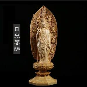 総檜材 仏教工芸品 木彫仏教 精密彫刻 極上品 仏師で仕上げ品 日光観音菩薩立像 高43cmの画像1