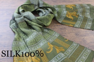  new shortage of stock hand [ silk 100% SILK] Elephant pattern . pattern moss green series deep green Gold GOLD gold scarf / stole 