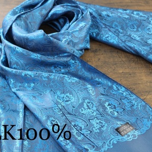 新品 薄手【シルク100% SILK】ペイズリー花柄 シャインブルー 青 S.BLUE 大判 ストール/スカーフの画像1