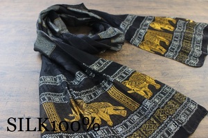 新品 薄手【シルク100% SILK】エレファント柄 象柄 ブラック 黒 BLACK ゴールド GOLD 金 スカーフ/ストール