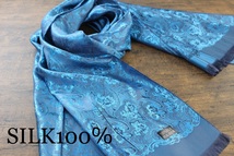 新品 薄手【シルク100% SILK】ペイズリー花柄 シャインブルー 青 S.BLUE 大判 ストール/スカーフ_画像1