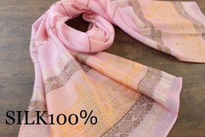 新品 春色 薄手【シルク100% SILK】アンコールワット柄 ピンク PINK ゴールド GOLD 金 スカーフ/ストール