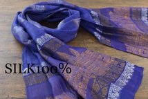 新品 薄手【シルク100% SILK】アンコールワット柄 ロイヤルブルー 青 ROYAL BLUE ゴールド GOLD 金 スカーフ/ストール_画像1