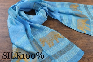  новый товар весна цвет тонкий [ шелк 100% SILK] Elephant рисунок . рисунок голубой синий L.BLUE Gold GOLD золотой шарф / палантин 