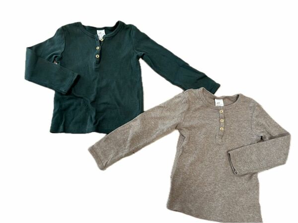 H&M エイチアンドエム 長袖カットソー 2枚セット 緑 濃いベージュ ロングTシャツ ロンT サイズ86