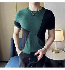 サマーニット カットソー カジュアル 半袖ニット メンズ サマーセーター ニットTシャツ グリーン 3XLサイズ