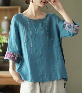 OHJ385☆カジュアル ゆったり 刺繍り 綿麻リネン 大きいサイズ 五分袖 ブラウスシャツ チュニック