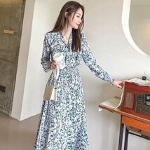 OHJ300☆レディース 長袖 ロング ワンピース 浅花柄 マキシ丈 秋春 韓国 ファッション 大きサイズ チェニック ブルー_画像2