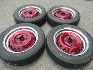 中古タイヤ☆155/65-14 155/65R14 ホンダ N-BOX純正 鉄チン キャンディレッドXメッキリム 4.5J+40 100 4H Nボックス Nワン Nバン等に☆