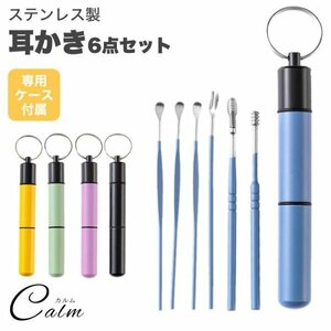 耳かきセット 耳かき 6本 セット 携帯 ケース付属 キーリング付き 耳掃除 携帯 耳掃除セット コンパクト 【ブラック】