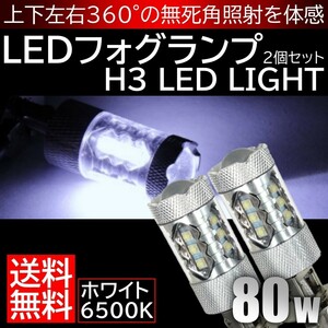 送料無料 高輝度 LEDバルブ LEDフォグランプ H3 ホワイト 2個セット 長寿命・省エネ 抜群の拡散性