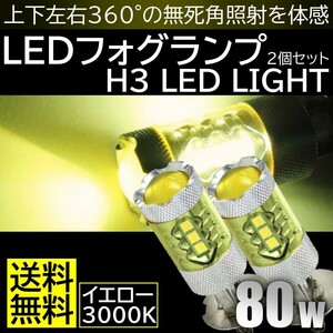 送料無料 高輝度 LEDバルブ LEDフォグランプ H3 イエロー 2個セット 長寿命・省エネ 抜群の拡散性