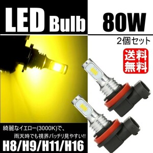 送料無料 高輝度 3570chip ハイパワーLED LEDフォグランプ H8/H9/H11/H16 4000Lm 3000K 2本 車検対応 ポン付け 80w スーパーイエロー