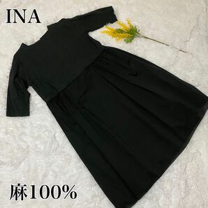 イナ ina　リネン100 カフタンワンピース　日本製　麻　春　夏　前　タック後ろボタン　夏服　春服　大きいサイズ　マタニティ　