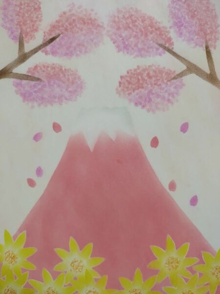 パステル画　パステルアート　　桜と富士山の絵