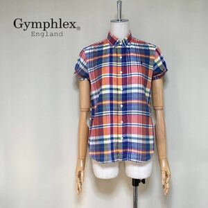 【GYMPHLEX】ジムフレックス マドラスチェック パフスリーブシャツ ボタンダウン ブラウス 12/Sサイズ ブルー×レッド系 レディース 日本製