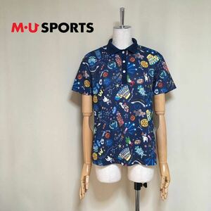 【美品】MU SPORTS エムユースポーツ 総柄 半袖ポロシャツ ゴルフウェア 42/Lサイズ相当 ネイビー レディース ミエコウエサコ 日本製