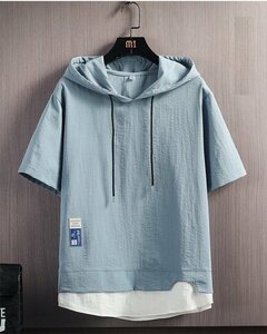 パーカー メンズ 半袖パーカー 半袖 パーカー レイヤード風 フード付きtシャツ プルオーバーパーカー 薄手 切り替え 夏服サイズM ブルー