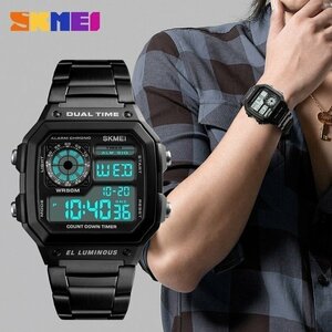 新品防水時計 ステンレス 鋼ファッション デジタル 腕時計 SKMEI メンズスポーツウォッチ カウントダウン 3色選択/1点