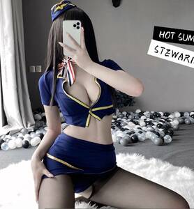 CA cosplay 5 point set micro Mini sexy flight navy blue ero..moro navy cabin attendant uniform ....