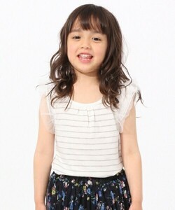 GLOBAL WORK KIDS チュール付ボーダーノースリーブカットソー XXL 130〜140㎝ 夏 グローバルワーク 白×グレー カットソー 子ども 女の子 