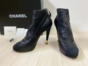 CHANEL シャネル レザー ショートブーツ 36 1/2 23.5cm相当 ブーティー ハイヒール パンプス ブラック ヒール11cm トップリフト替え 元箱