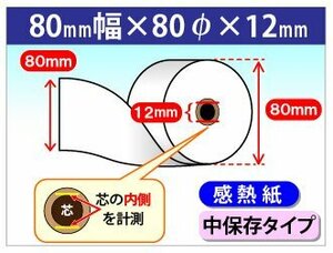 送料無料 感熱ロール紙 80mm×80mm×12mm 中保存タイプ (50個入)