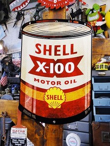 シェル　オイル缶　U.S.ヘヴィースチールサイン　（X-100　MOTOR　OIL）　アメリカ雑貨　アメリカン雑貨