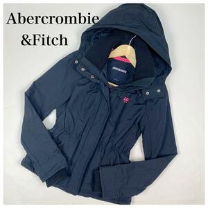 Abercrombie&Fitch アバクロ ナイロンジャケット アウター S アメリカ ペプラム フード カジュアル 古着 レディース ネイビー×ピンク