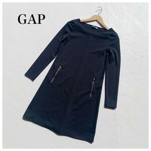 GAP ギャップ 長袖 Uネック ひざ上 Aライン ワンピース ブラック 黒 サイズ000 XS相当 レディース 春 シンプル 無地 スプリング