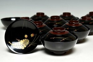 【蔵A3072e】木製黒塗　蒔絵螺鈿松葉どんぐり文　吸物椀　汁椀　蓋物　十客