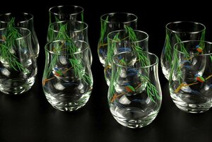 【蔵c9102d1】ガラス　エナメル彩　翡翠文　タンブラーグラス　コップ　十客
