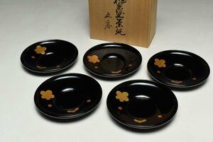 【蔵c9298d】能登輪島　五島屋謹製　布着本堅地蒔絵花文　茶托　銘々皿　五客　共箱