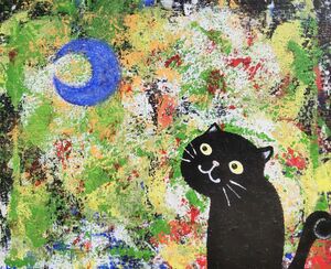 絵画 原画『黒猫と青い月』キャンバス(F3号) 真作 一点物 アクリル画 ネコ 黒猫 月 癒し アート