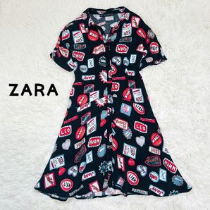 ZARA ポップ柄シャツワンピース　 半袖ワンピース　総柄　 ブラック