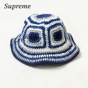 [美品] Supremeシュプリーム Crochet crusher hat 帽子 ハット ブルー かぎ編み ロゴ入り