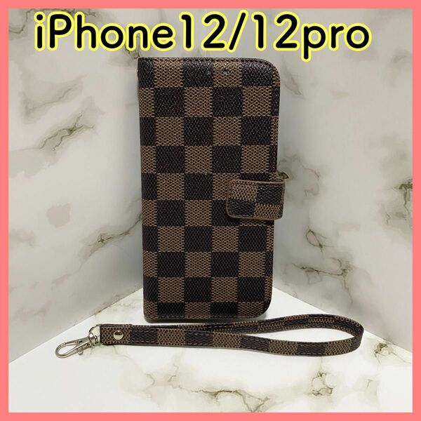 iPhone12 12pro 手帳型ケース チェック 市松模様 ブラウン 茶色 PUレザー