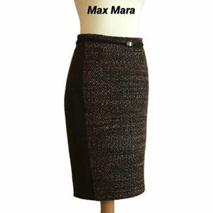 【Max Mara】 ベルト付き ツイード切り替えタイトスカート