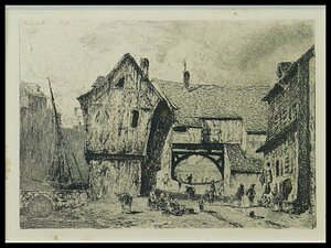 ポール・ユエ(Paul Huet)オンフルール港の旧家 エッチング 銅版画 額装 専用紙箱 1866年 フランスの画家 版画家 OK5247