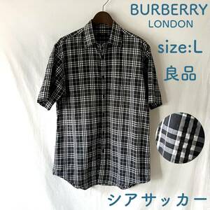 ■ 良品 ■ BURBERRY LONDON ■ バーバリー ロンドン ■ シアサッカー ■ 半袖シャツ ■ 黒 白 ■ L ■ 日本製 三陽商会 ■